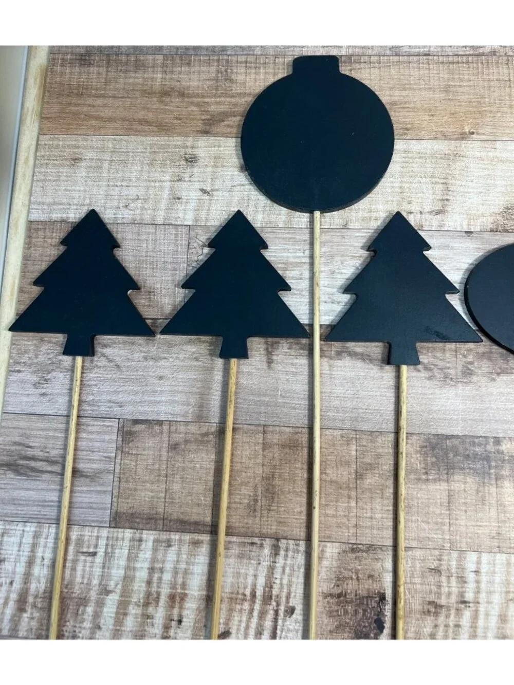 Set Of 8 Black Chalkboard Christmas Tree & Ornament Shape Picks For Holiday Craf